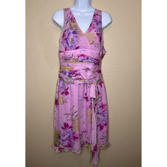 VTG Rickie Freeman Silk Dress SZ 8 Pink Floral Teri Jon Y2K Ruffle Sleeveless - Picture 1 of 11